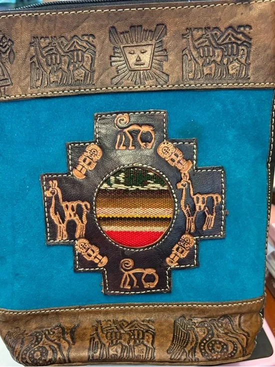 Handcrafted Peruvian Handcrafted Turquoise & Brown Embossed Crossbody Bag - Picture 3 of 12
